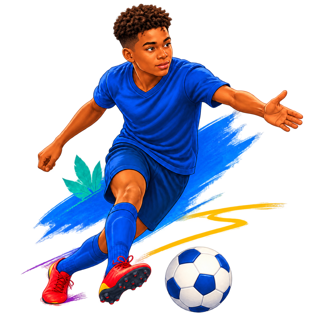 Pratiquer et progresser — icône peinte Un jeune joueur travaille le contrôle du ballon et la progression