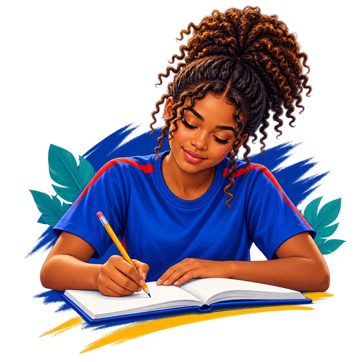 L’éducation — icône peinte Une élève concentrée écrit dans un cahier
