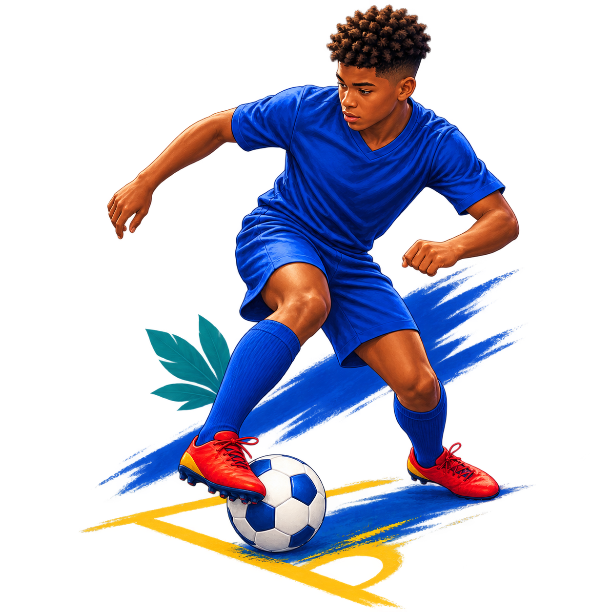 Le sport — icône peinte Un jeune joueur contrôle un ballon de football