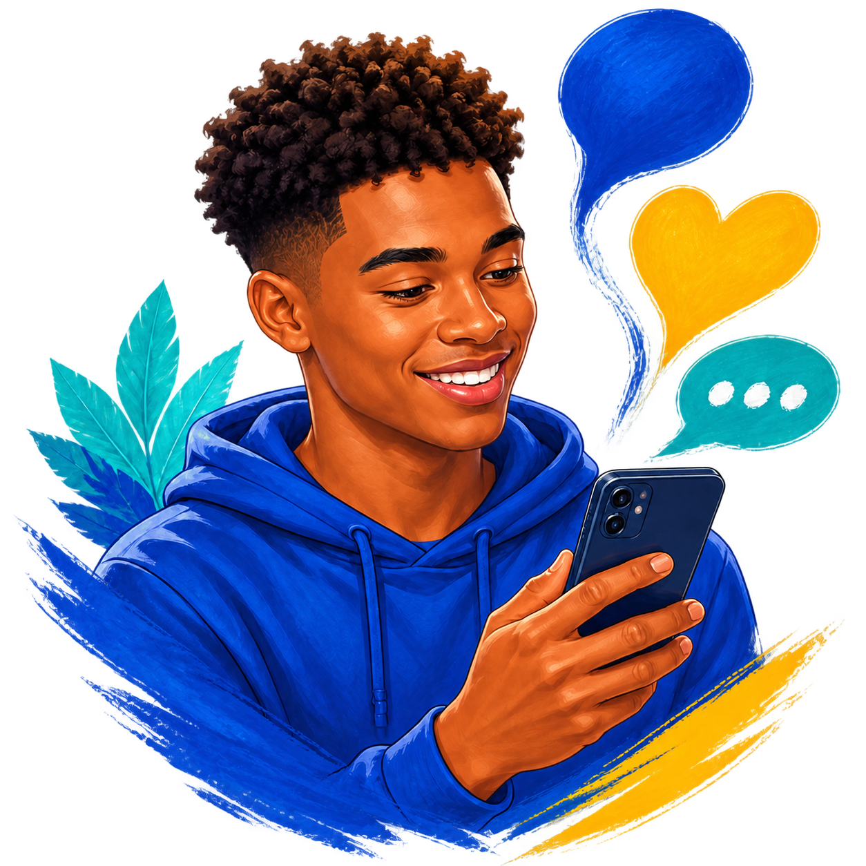 Un jeune utilise un téléphone avec des symboles de conversation