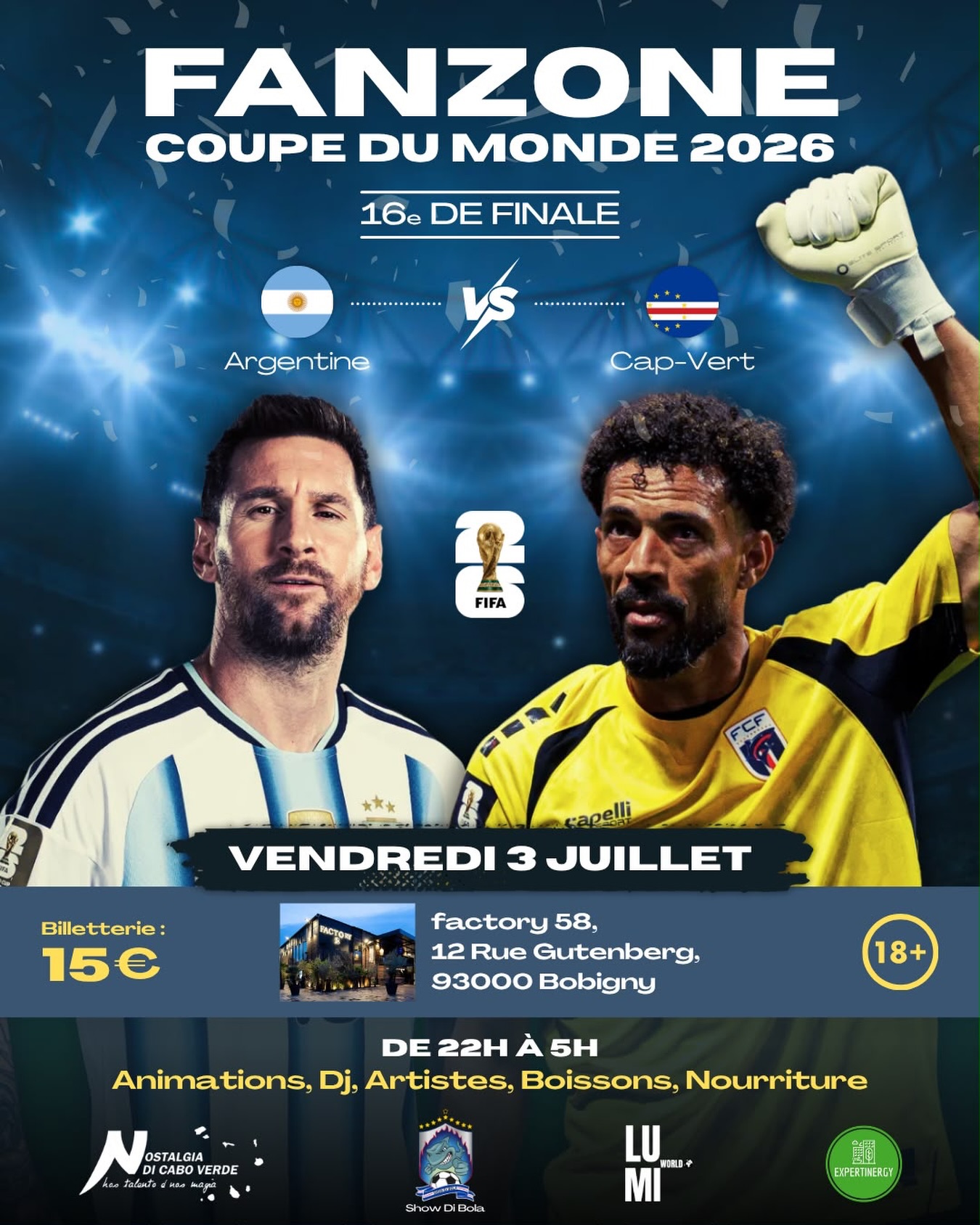 Affiche officielle de la Fan Zone Cap-Vert–Argentine du 3 juillet 2026