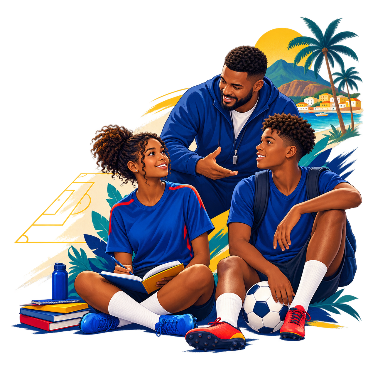 Ilustração do projeto Show Di Bola Illustration de deux jeunes avec un ballon et des cahiers accompagnés par un éducateur