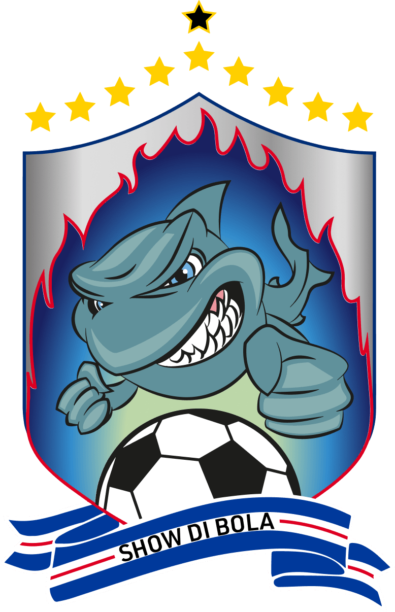Logótipo completo da Show Di Bola Logo complet Show Di Bola avec le requin, le ballon et la bannière